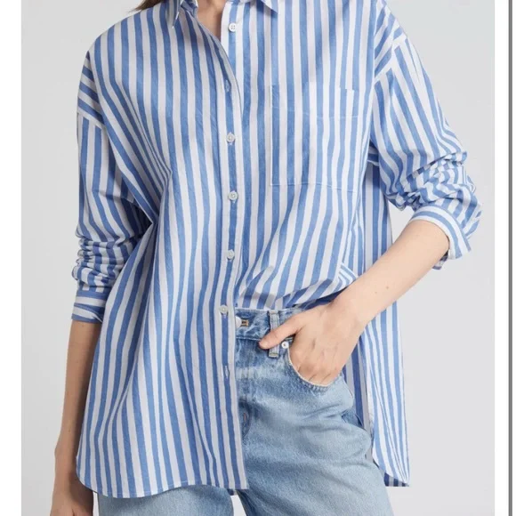 Madewell Oversized Blue and White Striped Button Down Shirt - Picture 1 of 4